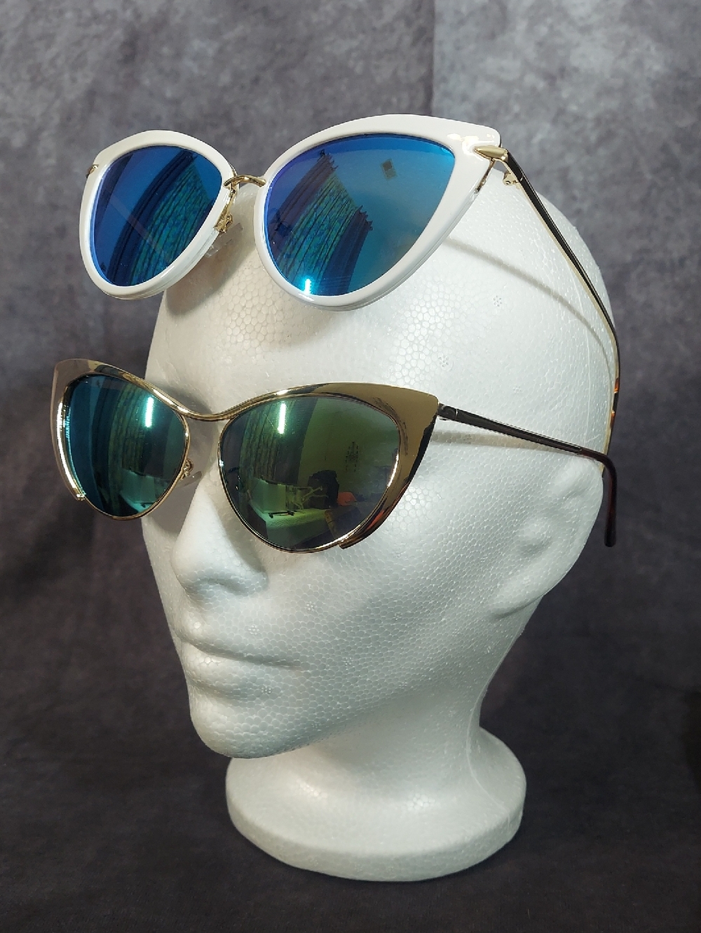 Set of 2 Womens Cat Eye Sunglasses White Blue Gold Green Mirror Metal Frame Duo